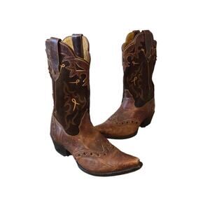 Sonora double H ranch cowgirl leather boots snip toe star cut out mid calf 9.5